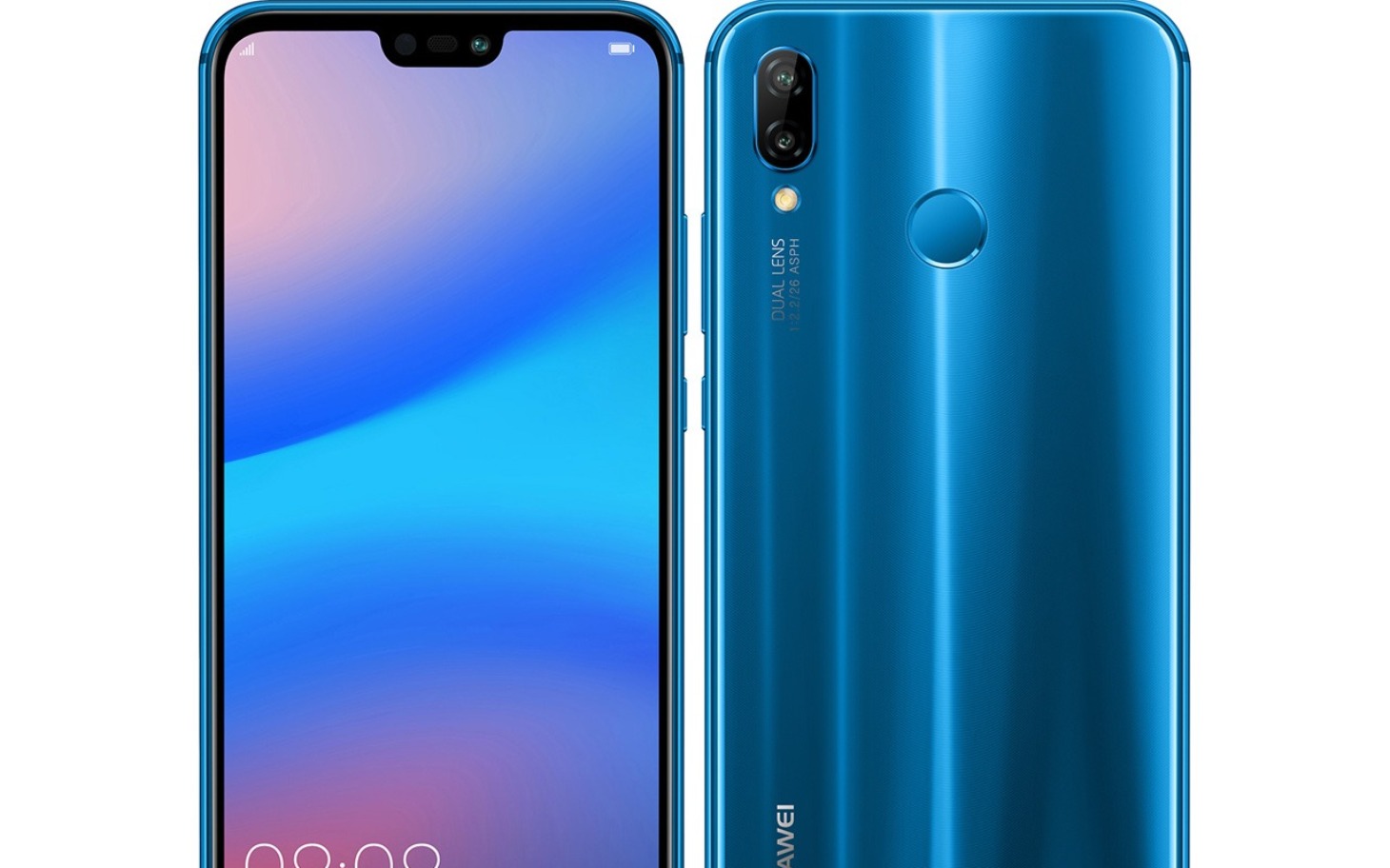 
        Smartfon Huawei w kolorze niebieskim, widok z przodu i tyłu.
    
