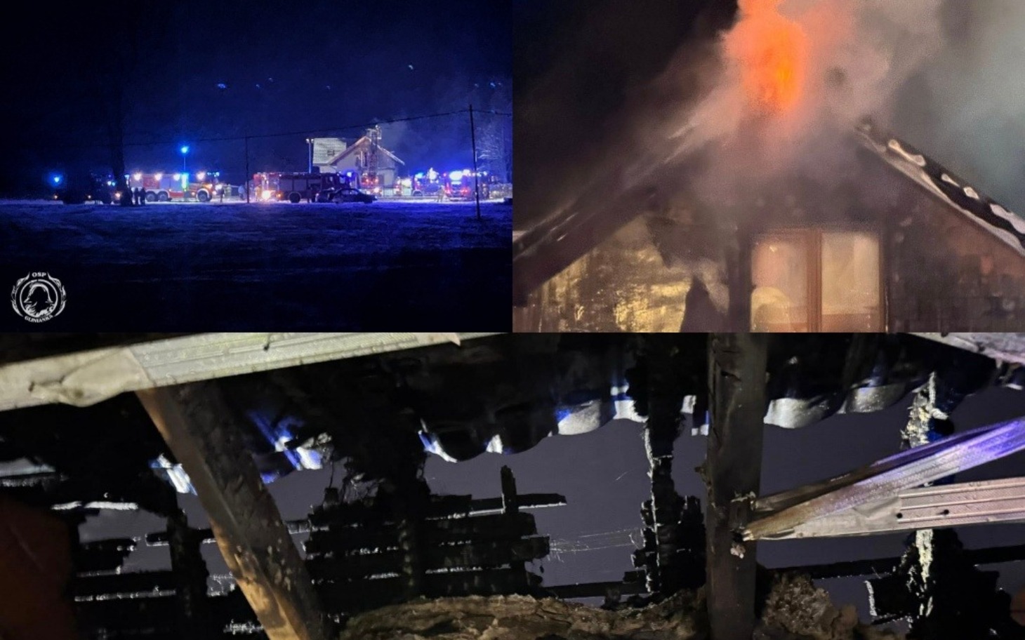 
        Pożar w budynku, widać dym i akcję ratunkową.
    