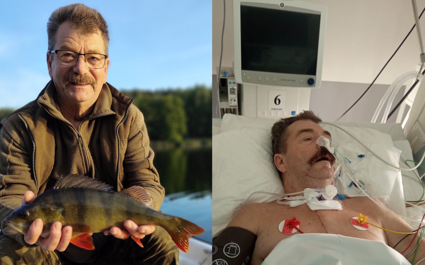 
        Mężczyzna trzymający rybę, w tle jezioro.
    