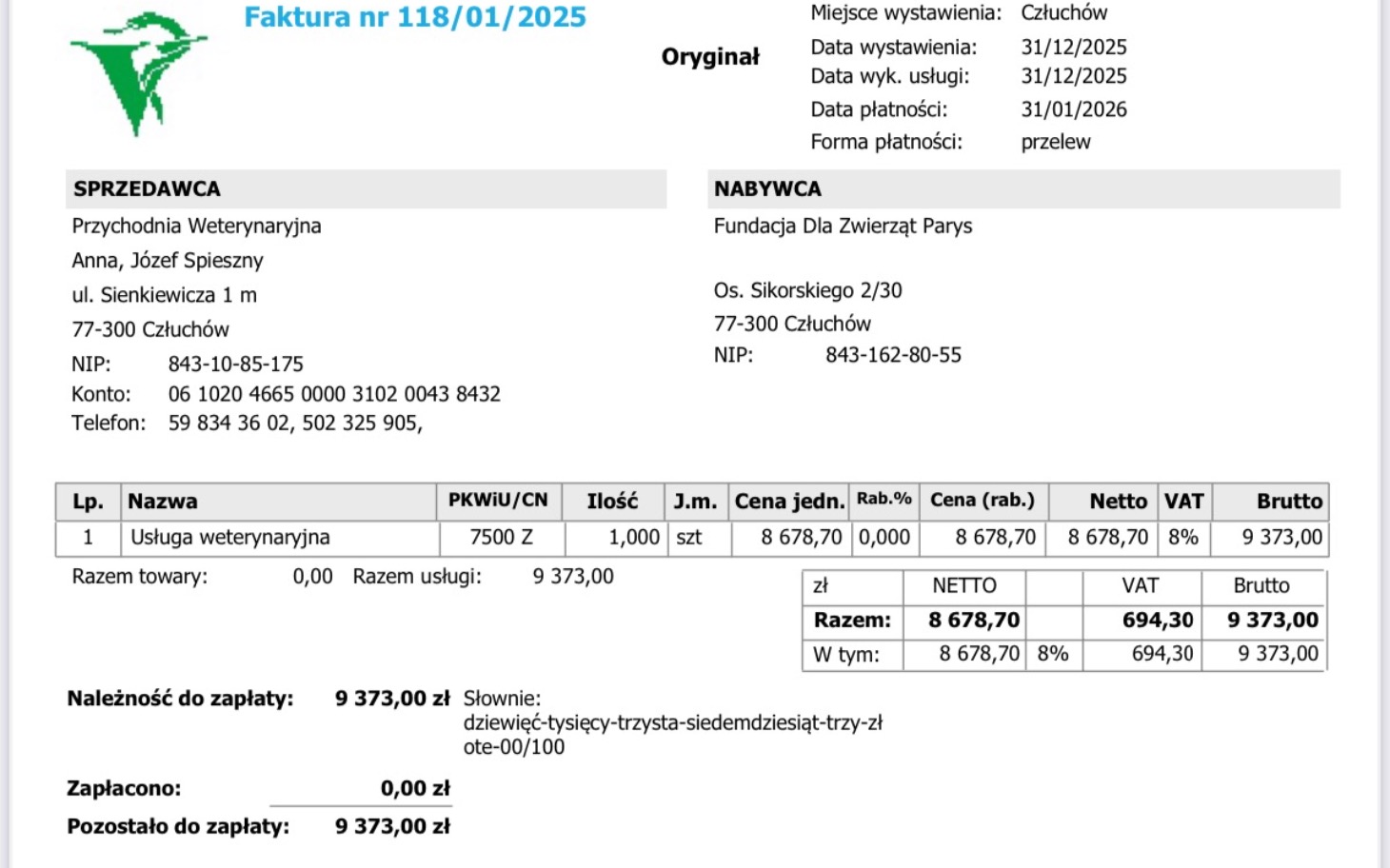 
        Faktura za usługi weterynaryjne, szczegóły płatności.
    