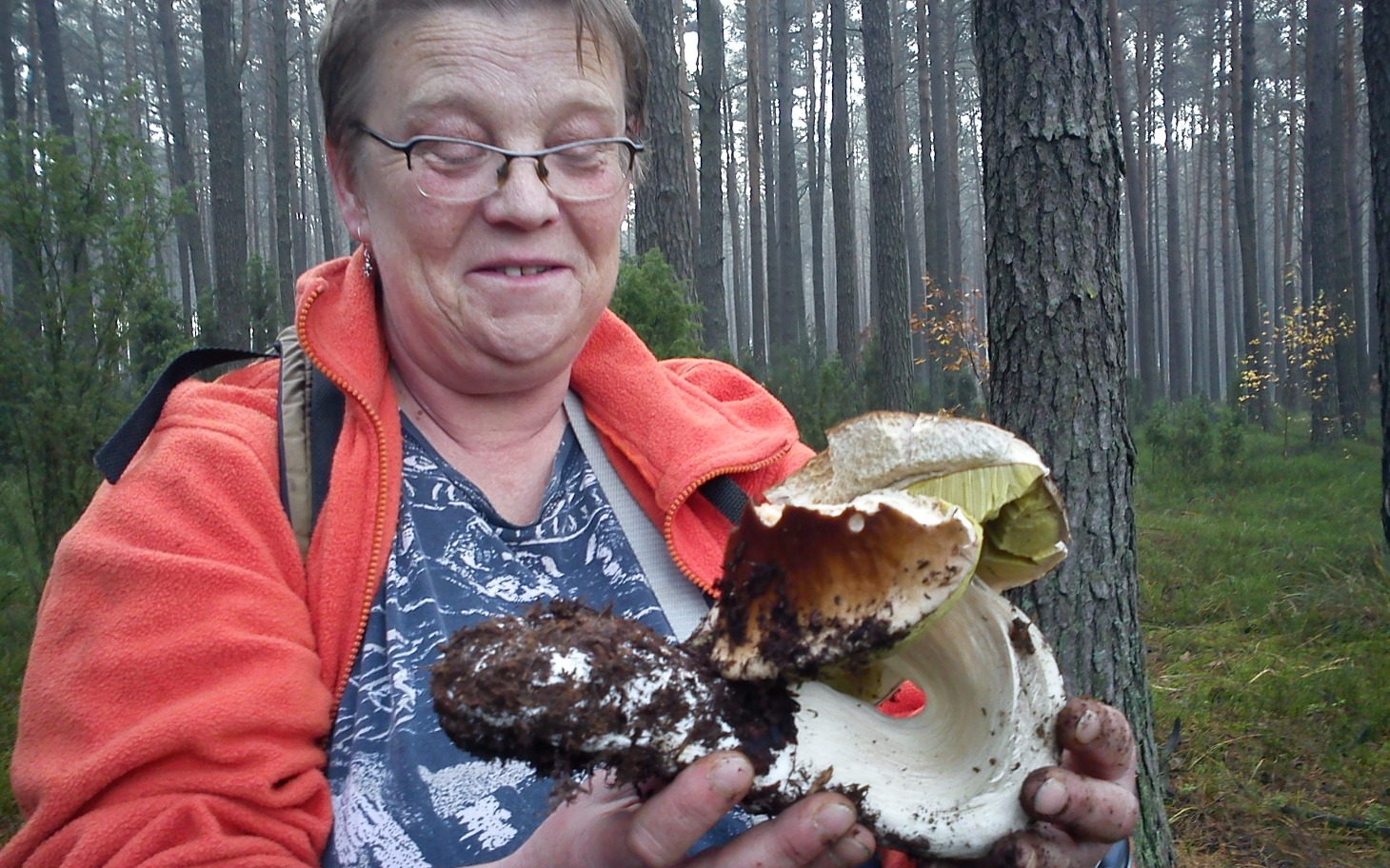 
        Kobieta trzymająca dużego grzyba w lesie.
    