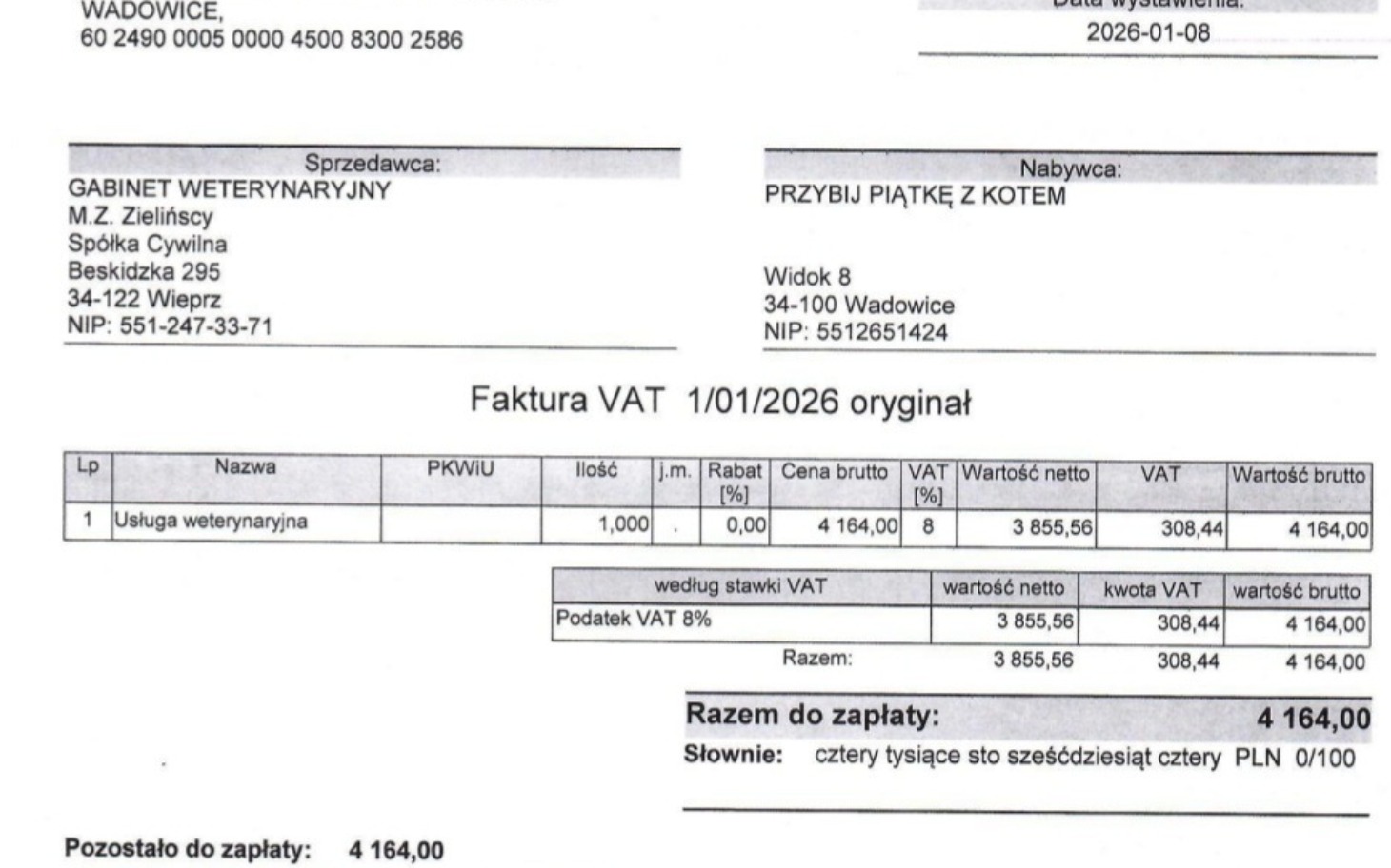 
        Faktura VAT z usługą weterynaryjną, szczegóły płatności.
    