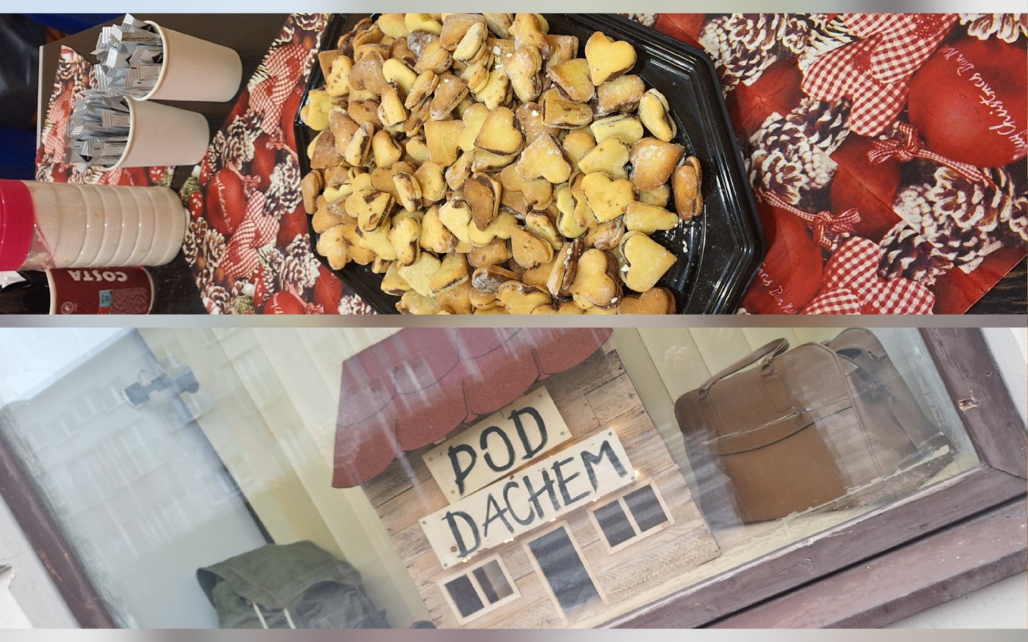 
        Słodkie ciasteczka na talerzu oraz torba w oknie.
    