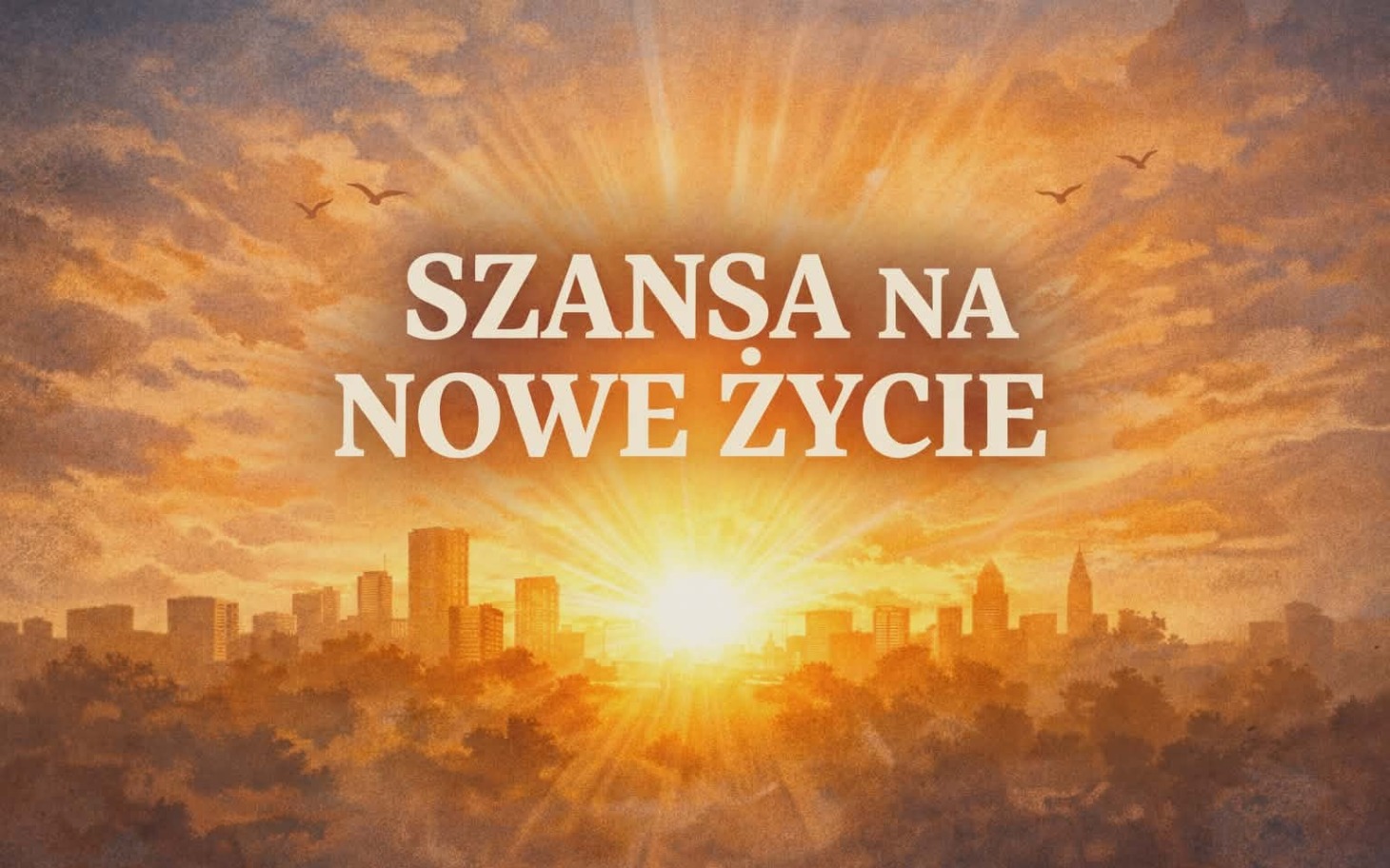 
        Obrazek z napisem 'Szansa na nowe życie' w tle zachodu słońca.
    