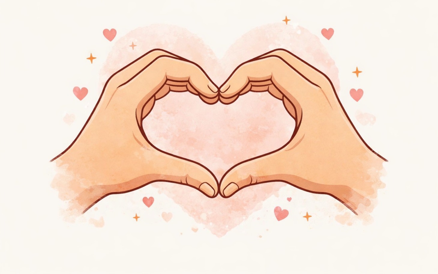 
        Rysunek dwóch rąk tworzących serce na tle serc.
    