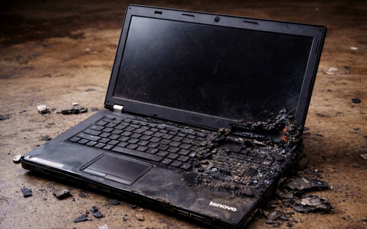 
        Zniszczony laptop, z uszkodzeniami na obudowie.
    