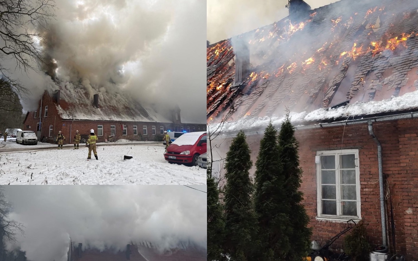 
        Pożar budynku, strażacy w akcji.
    