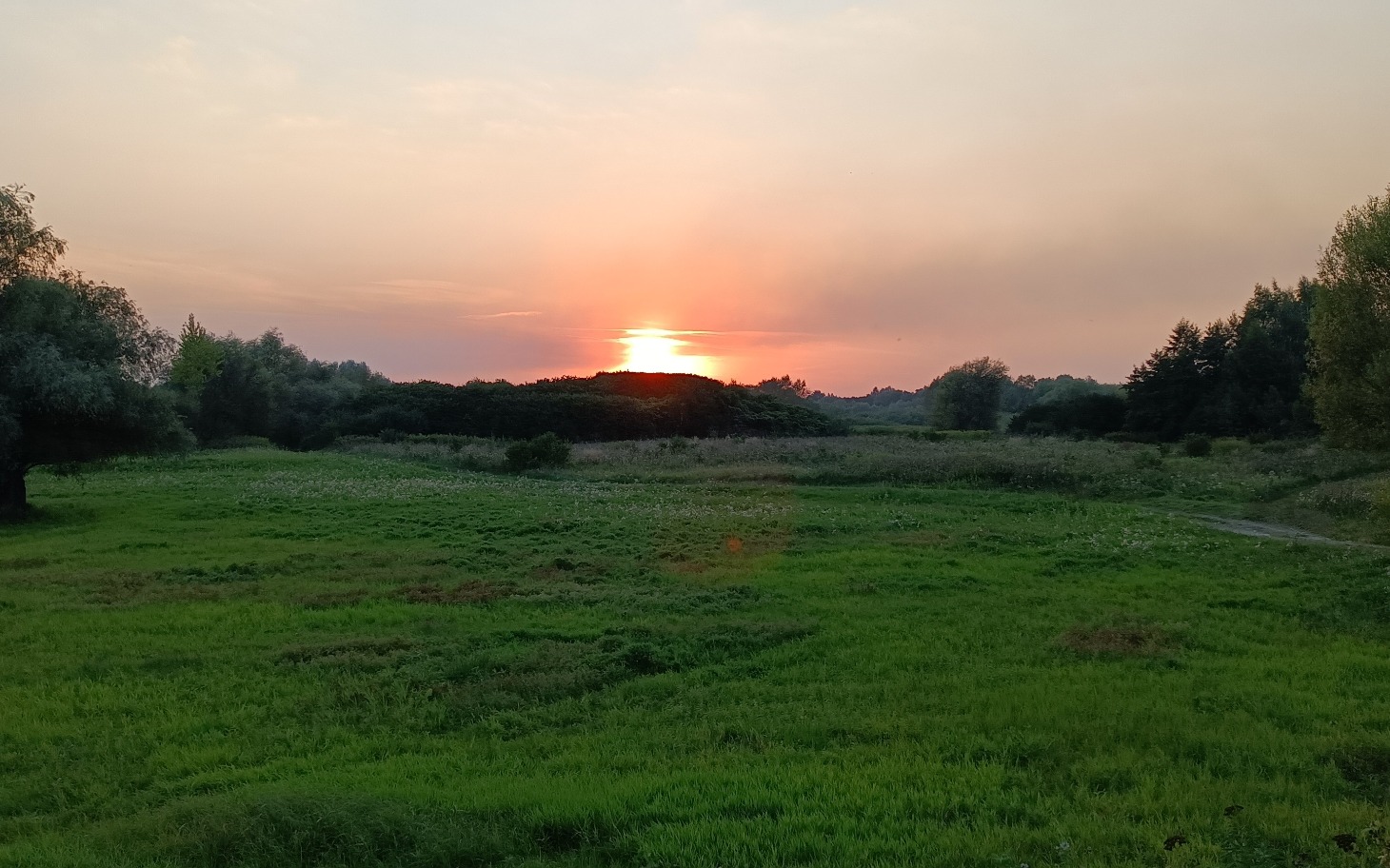 
        Zachód słońca nad zielonymi łąkami, piękne widoki natury.
    