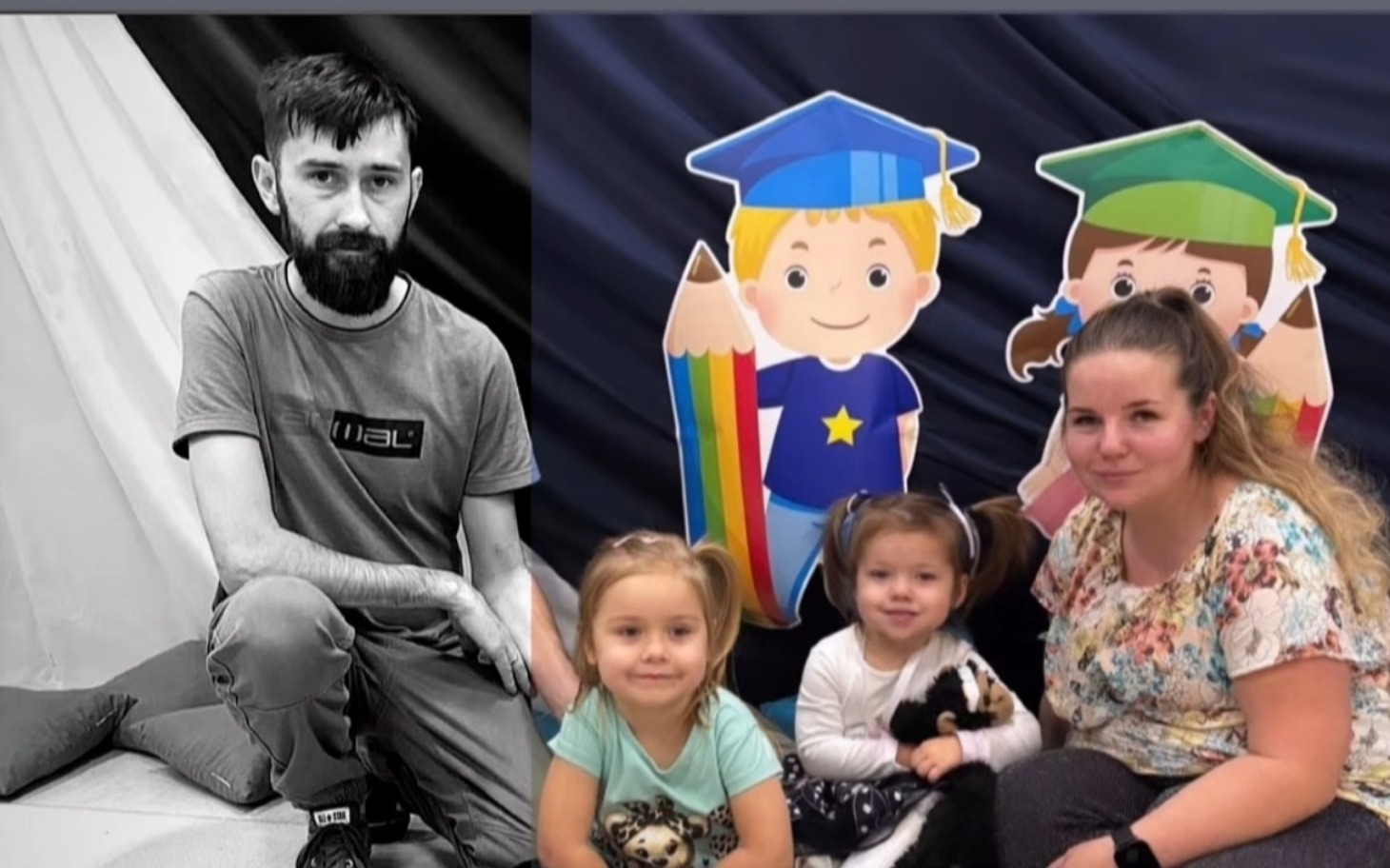 
        Rodzina z dziećmi na tle kolorowych rysunków.
    