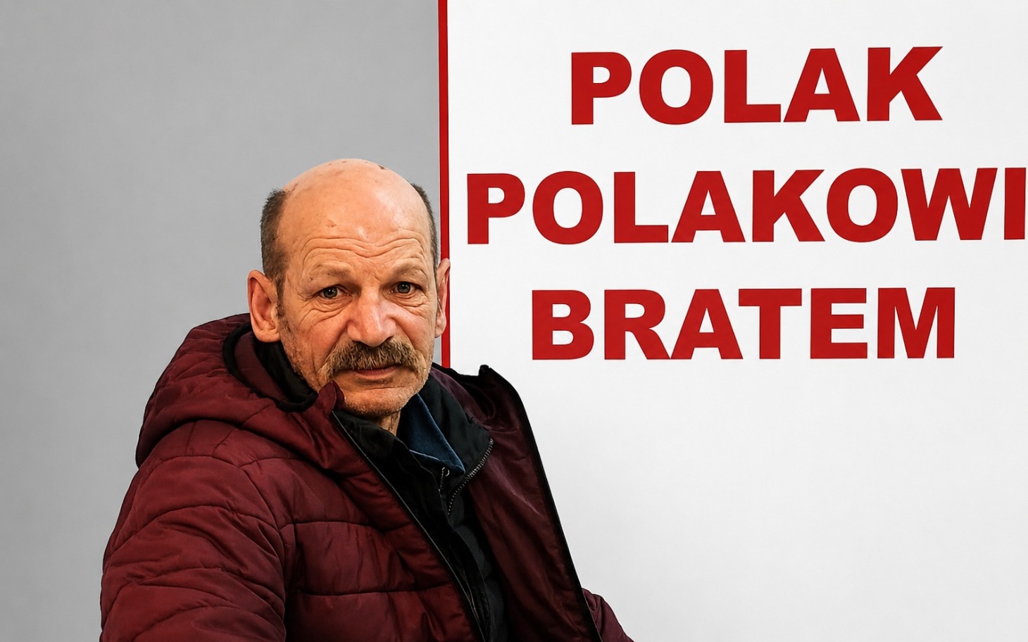 
        Starszy mężczyzna obok dużego napisu POLAK POLAKOWI BRATOM
    