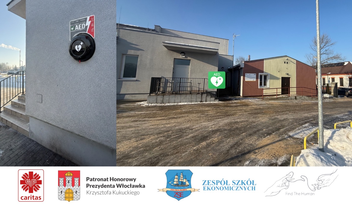 
        Budynek z defibrylatorem AED na ścianie.
    