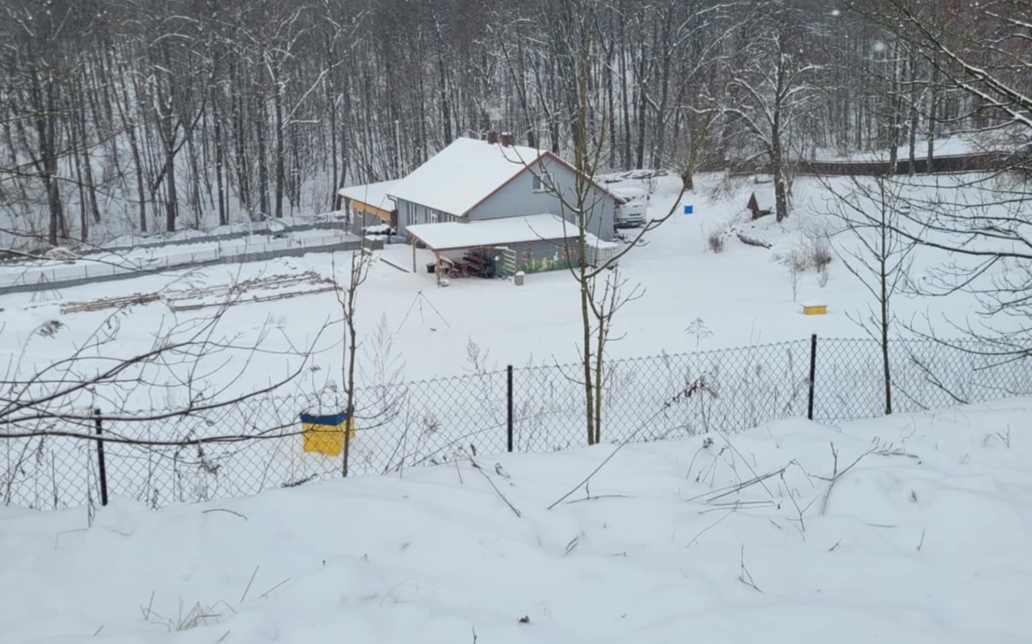 
        Zimowy krajobraz z domem otoczonym śniegiem i drzewami.
    