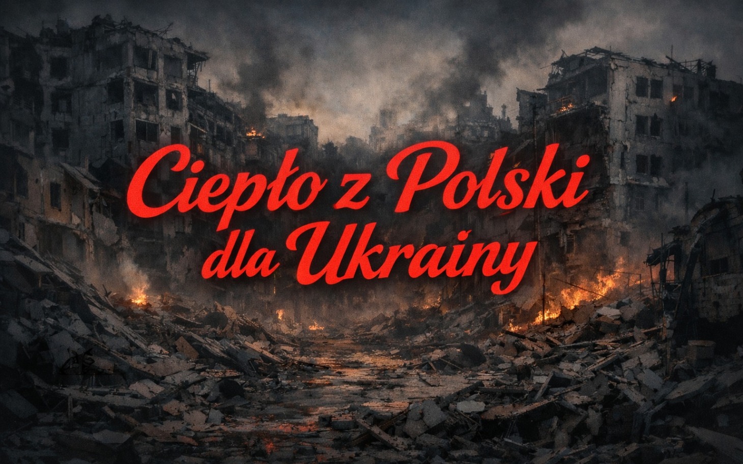 
        Zniszczone miasto z napisem 'Ciepło z Polski dla Ukrainy'.
    