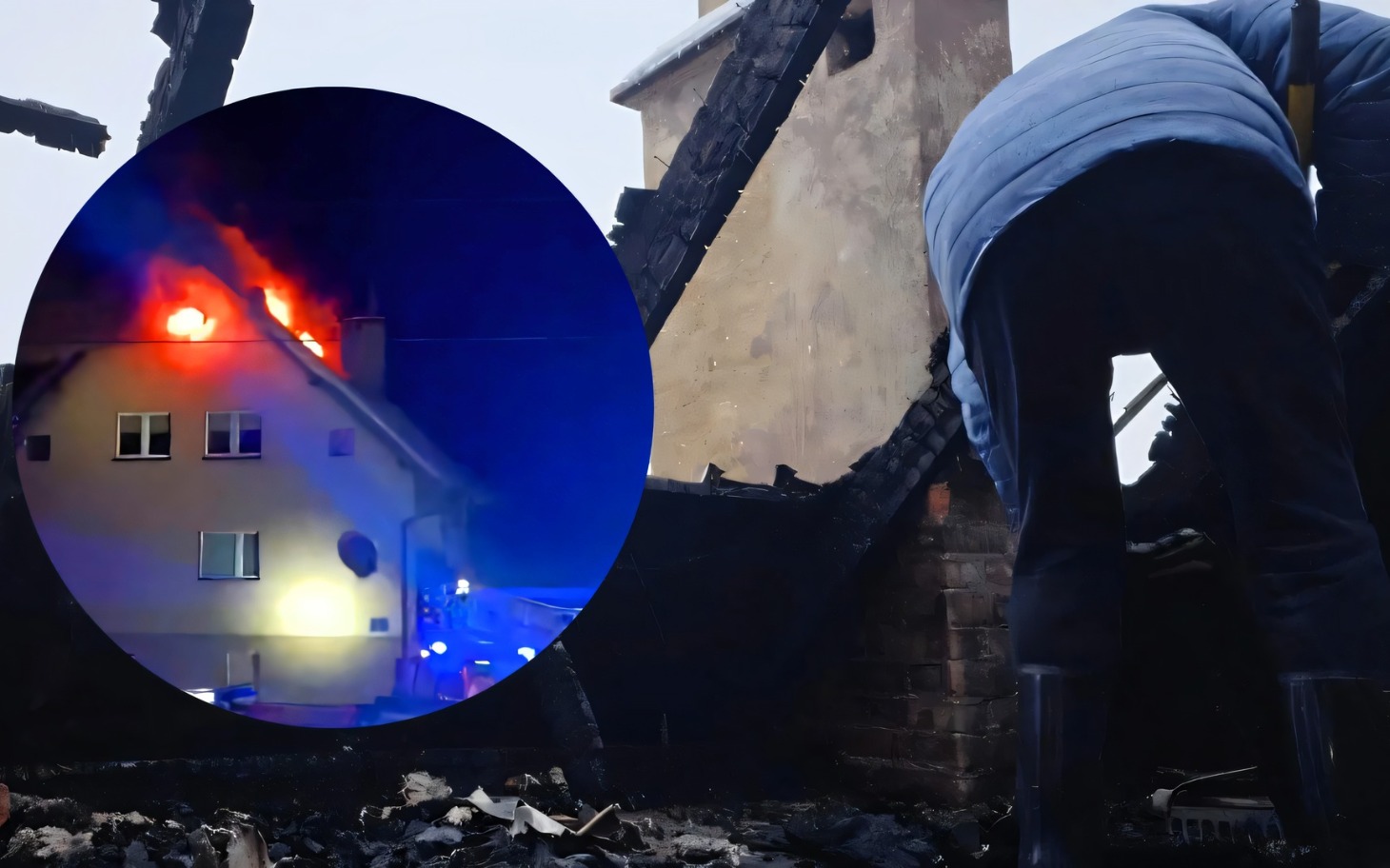 
        Osoba przeszukująca zgliszcza po pożarze budynku.
    