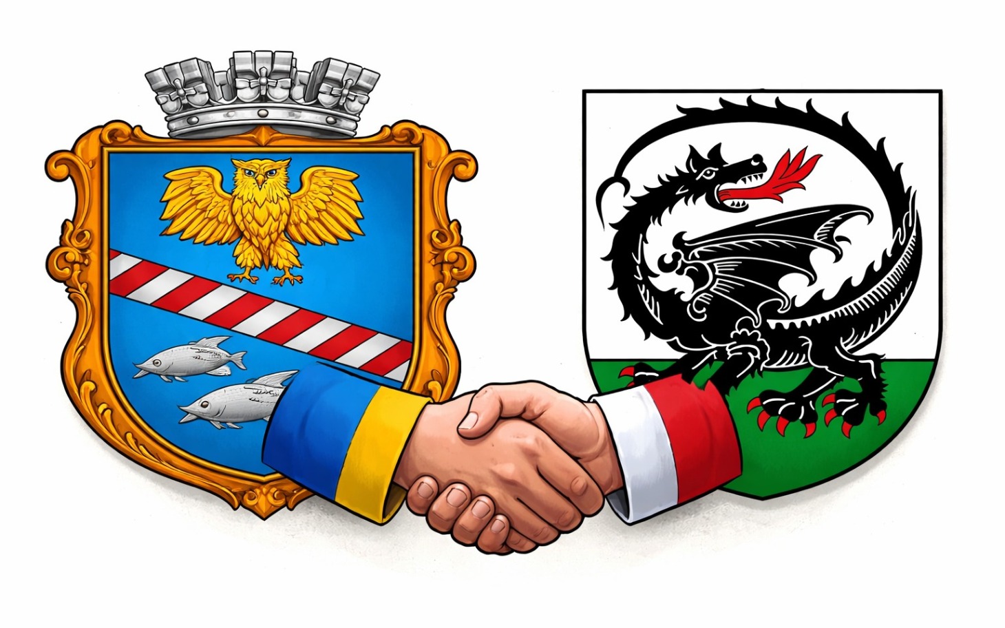 
        Herby dwóch miast z uściskiem dłoni, symbolizujące współpracę.
    