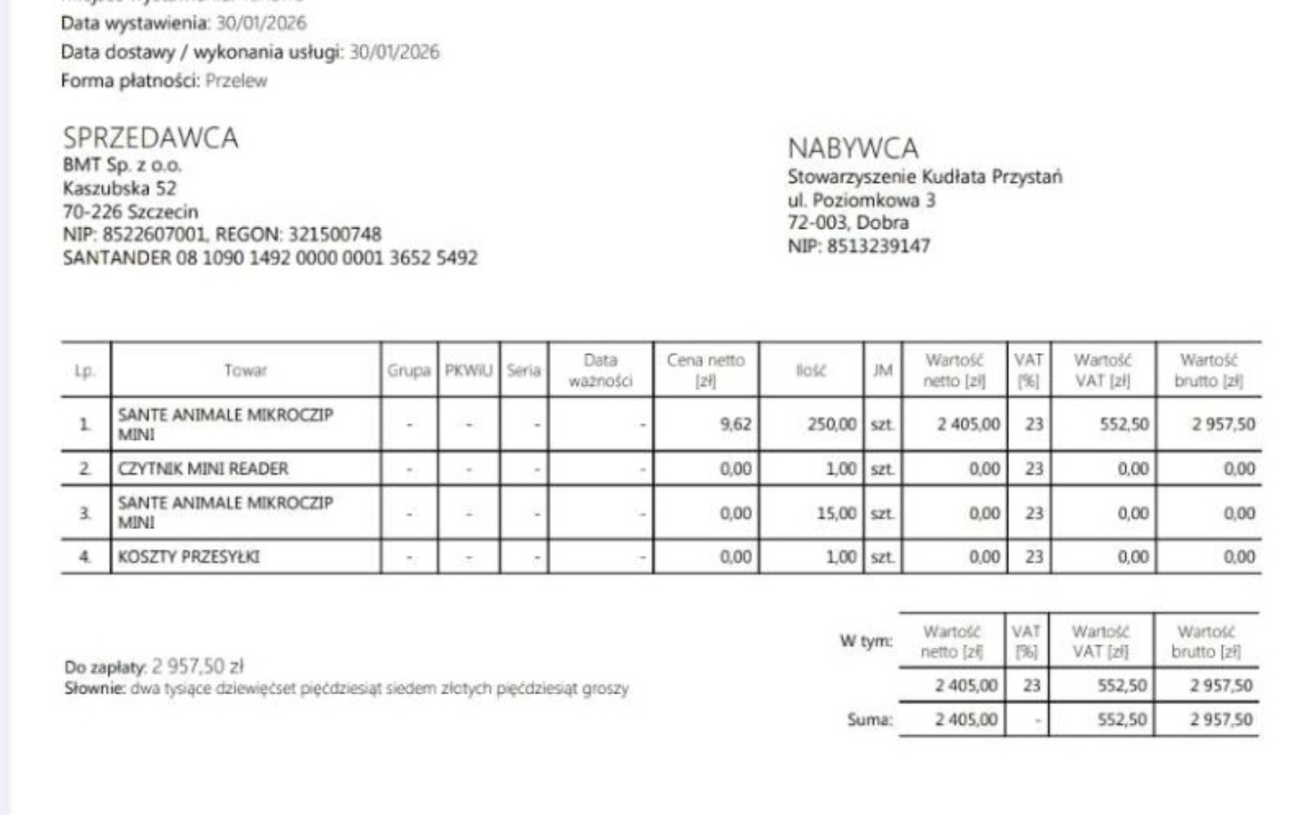 
        Faktura z danymi sprzedaży, szczegóły dotyczące zakupów.
    