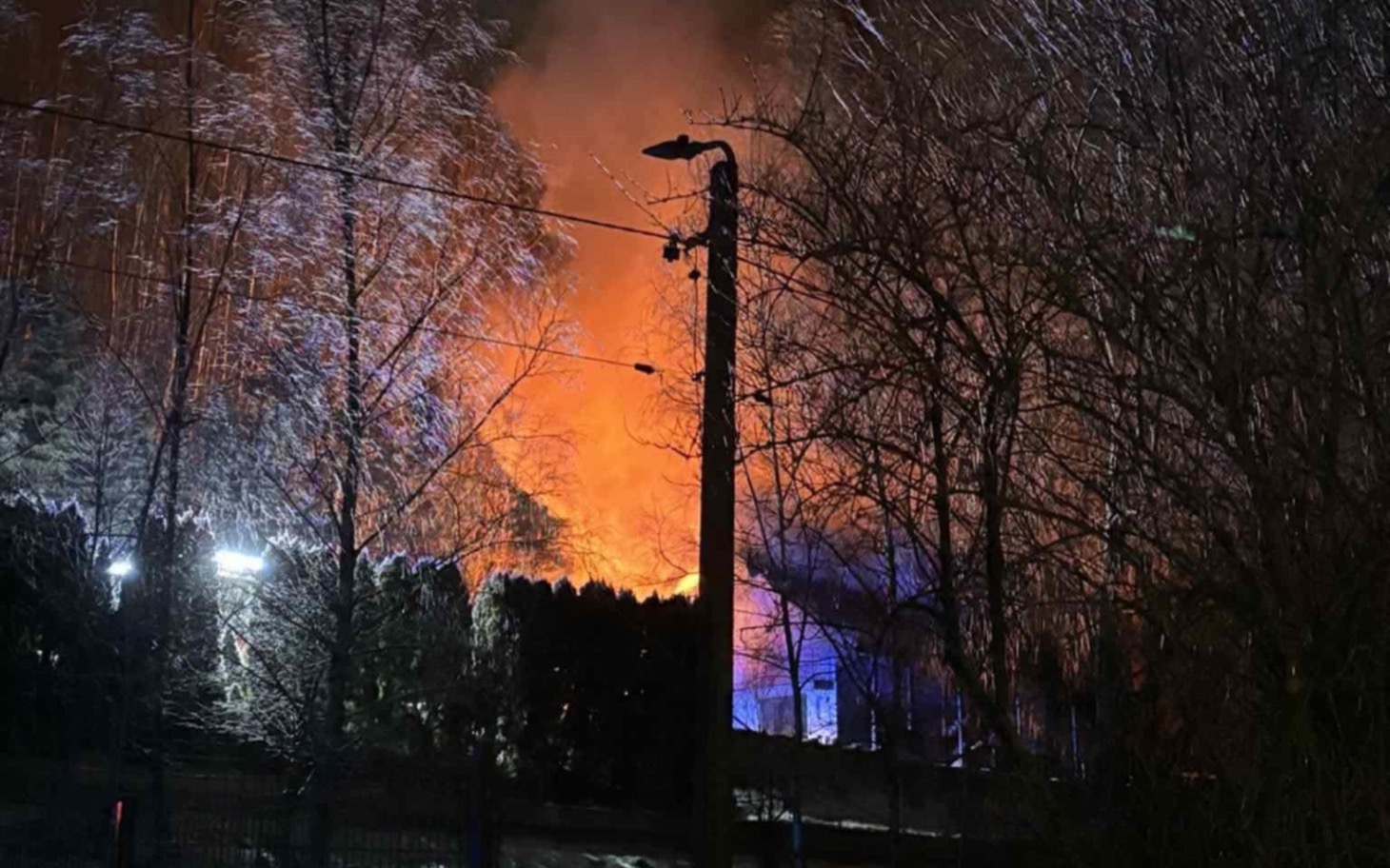 
        Pożar w lesie, ogień w tle, widok na drzewa.
    