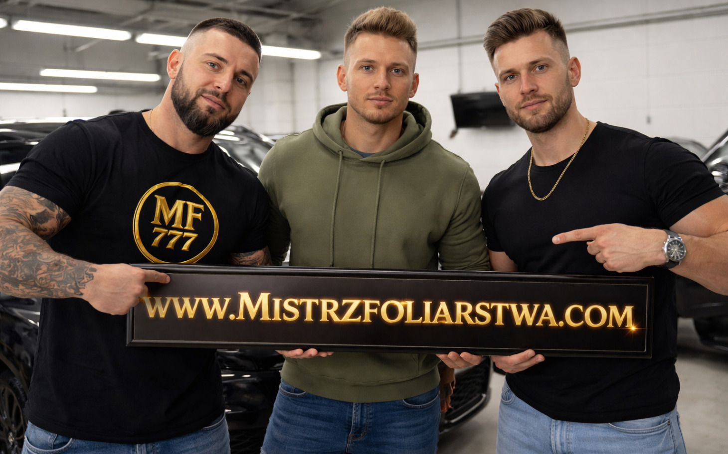 
        Trzech mężczyzn prezentuje znak reklamowy w warsztacie.
    