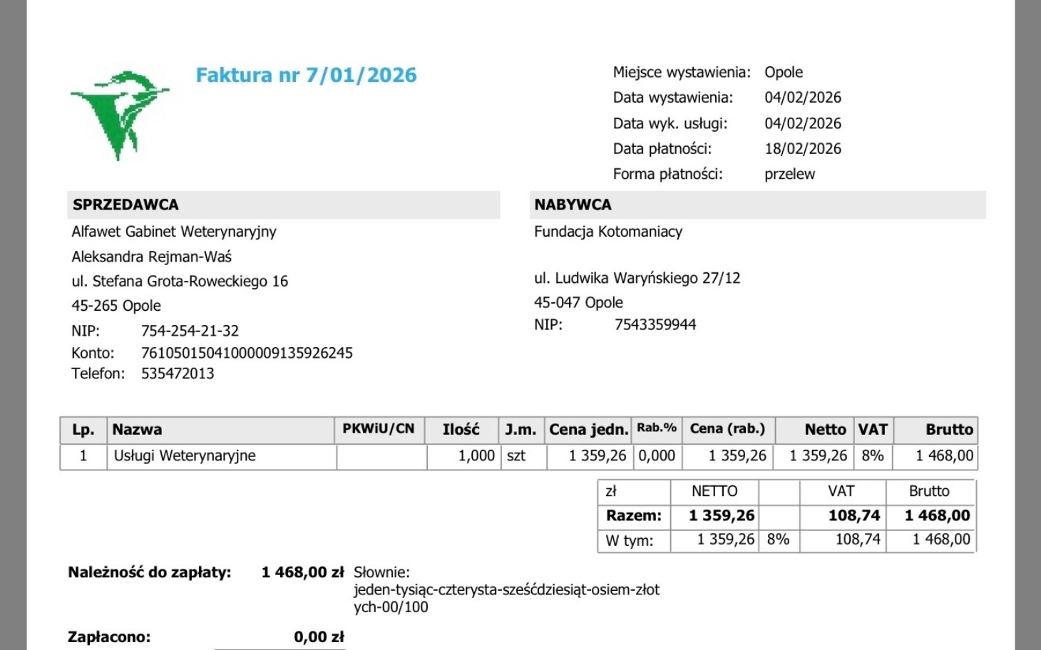 
        Faktura za usługi weterynaryjne z datą wystawienia.
    