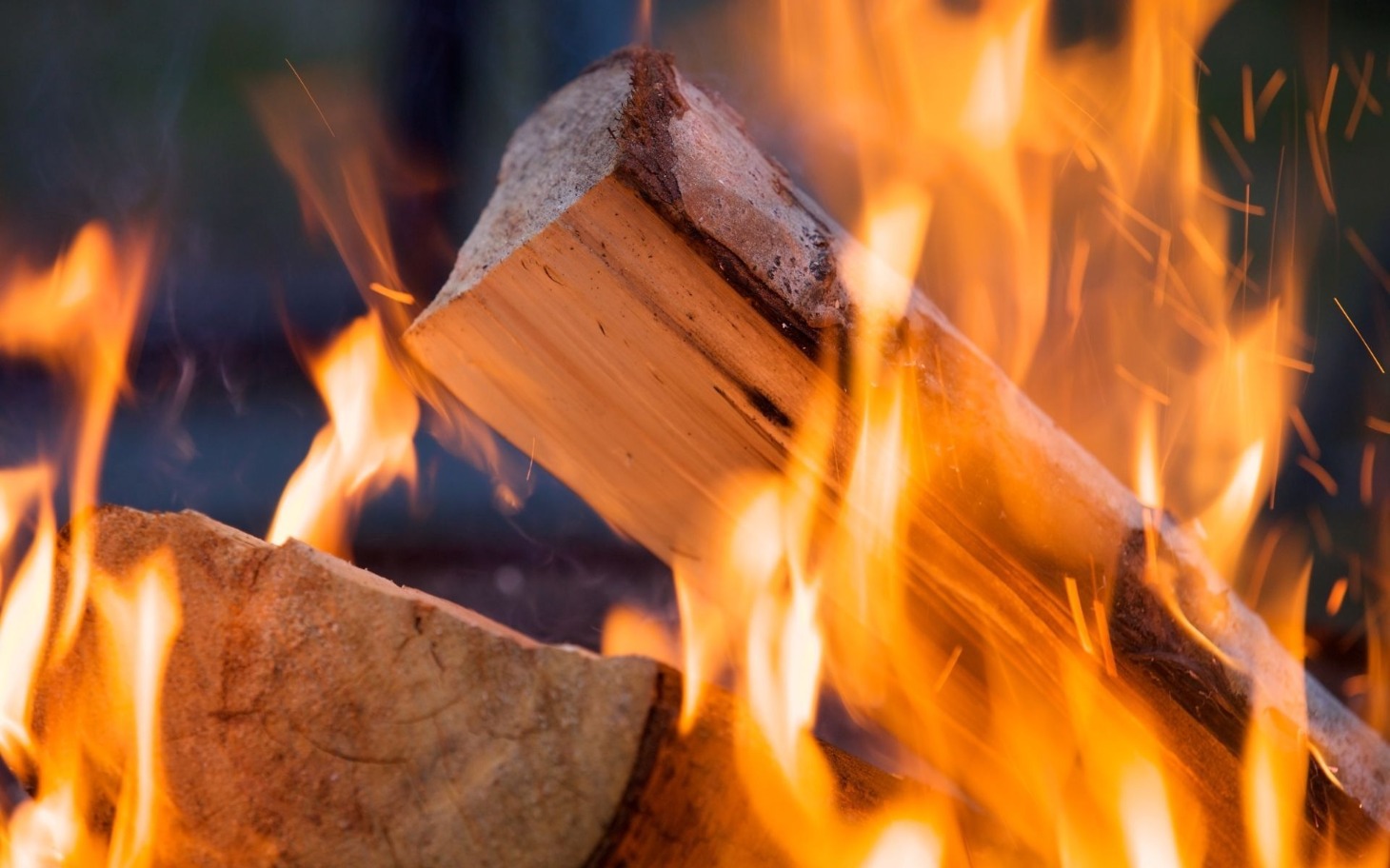 
        Płonące drewno w ognisku, z iskrami unoszącymi się w powietrzu.
    