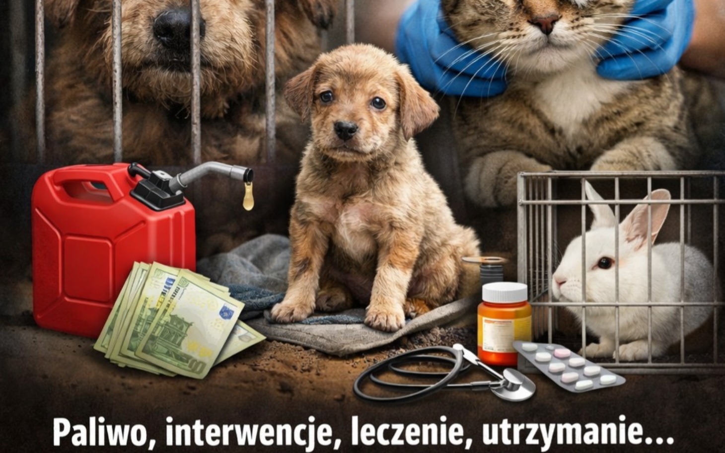 
        Grafika przedstawiająca pomoc dla zwierząt, z różnymi akcesoriami.
    