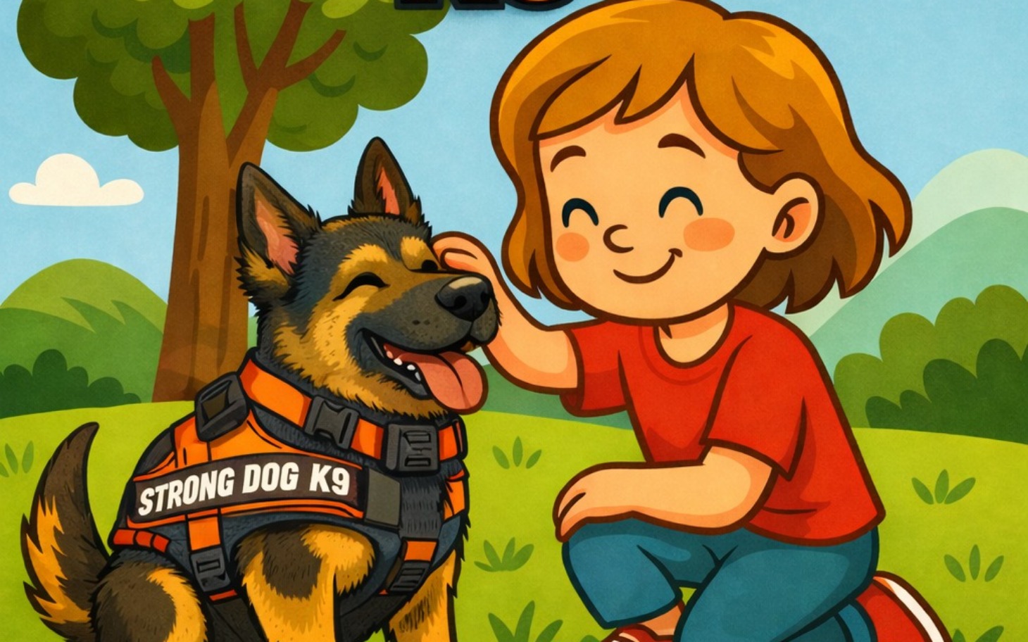 
        Ilustracja dziecka głaszczącego psa w parku.
    