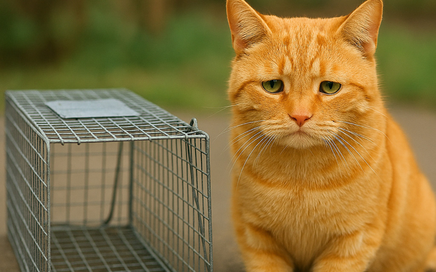 
        Rudy kot obok klatki, z wyrazem smutku na twarzy.
    