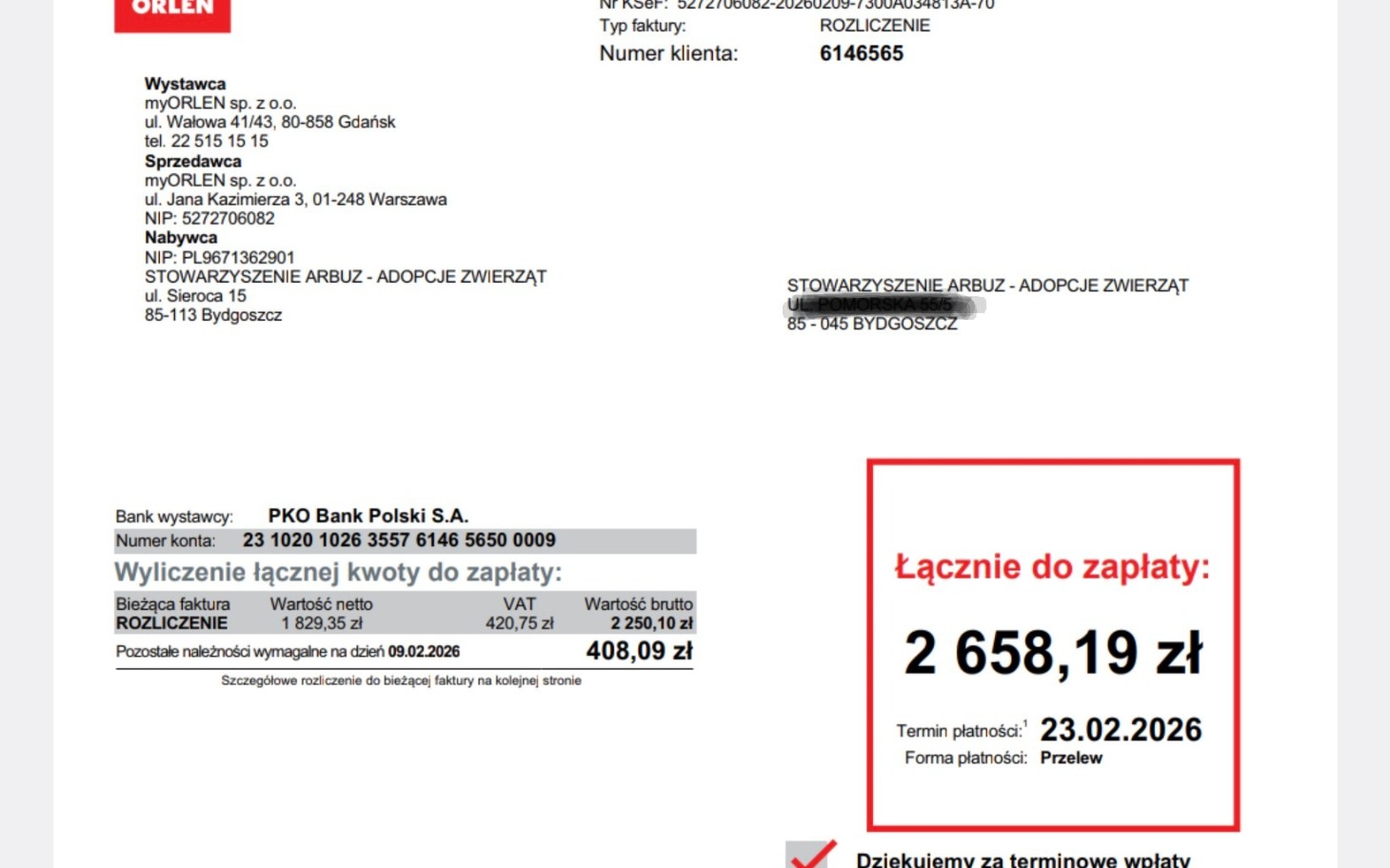 
        Faktura z kwotą do zapłaty 2 658,19 zł.
    