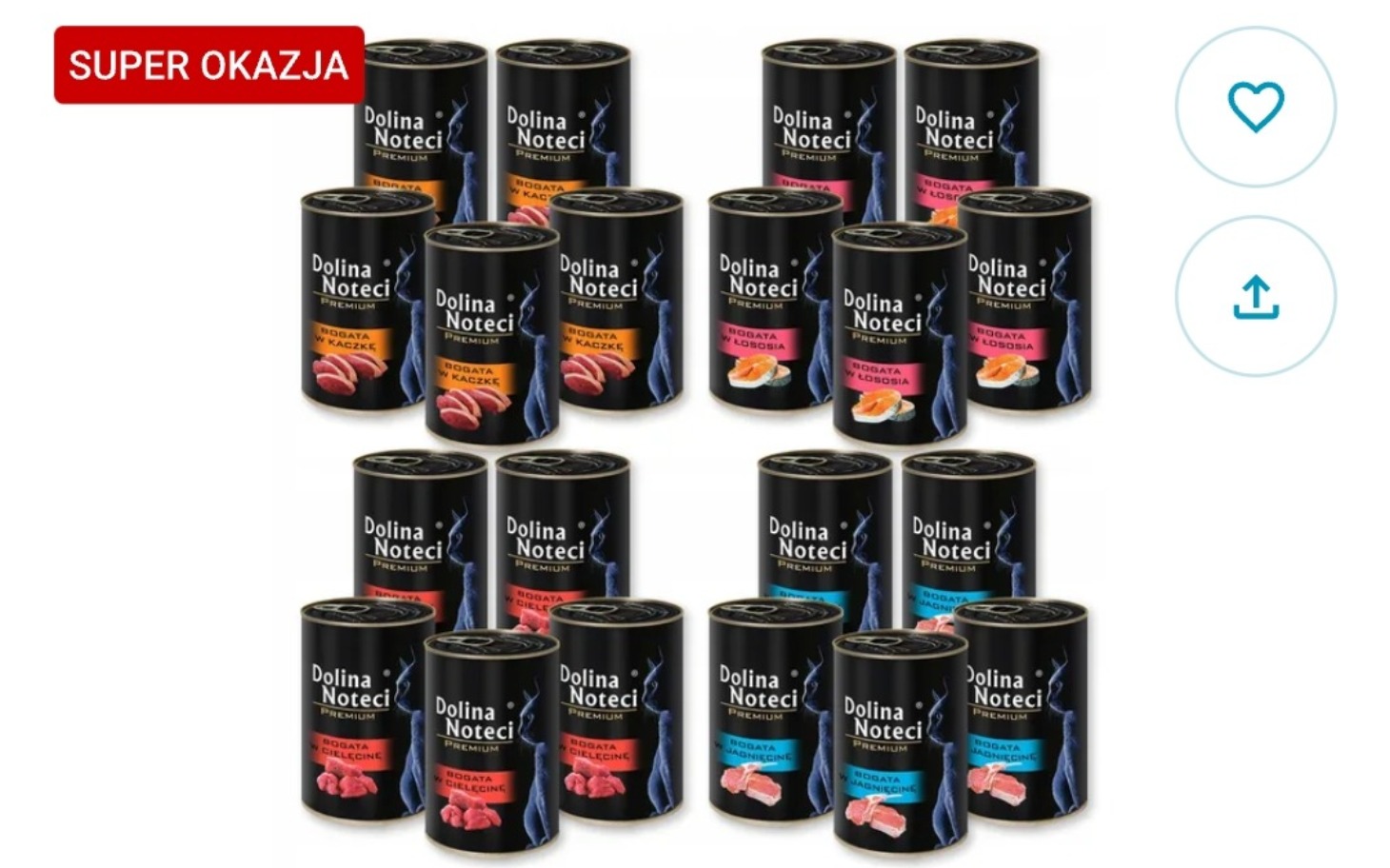 
        Zestaw puszek karmy dla psów w różnych smakach.
    