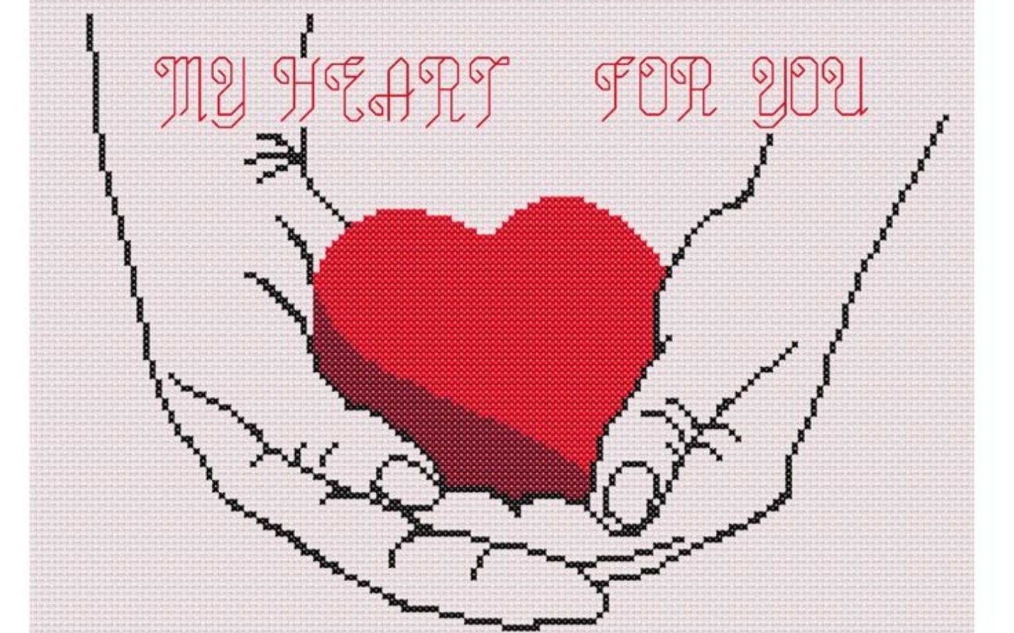 
        Ręce trzymające serce w haftowanym obrazie.
    