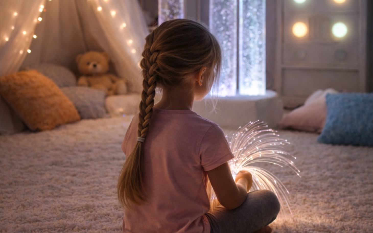 
        Dziewczynka siedząca na dywanie z włosami w warkoczu.
    