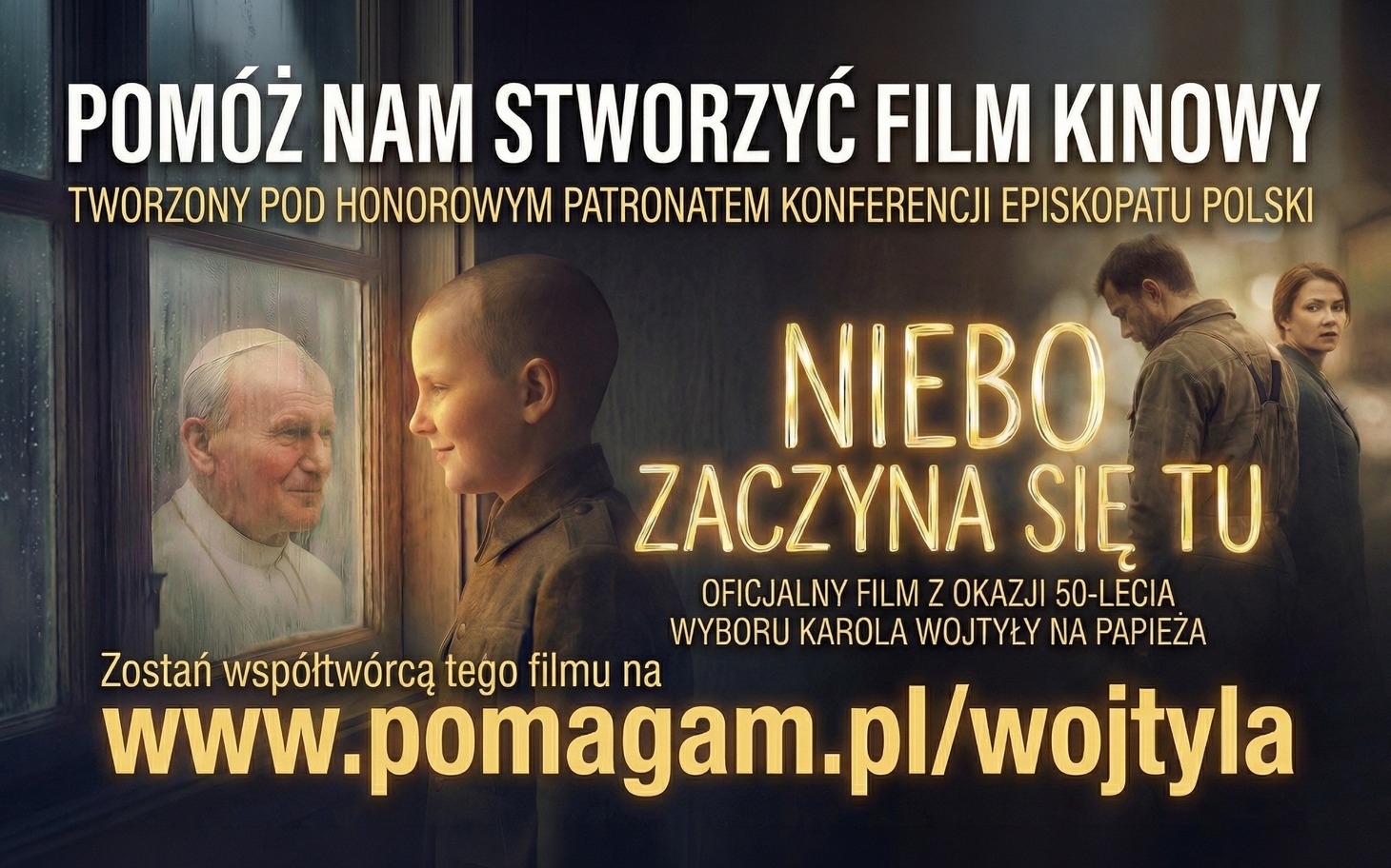 
        Plakat filmowy z postacią papieża i dziećmi, zaproszenie do wsparcia.
    