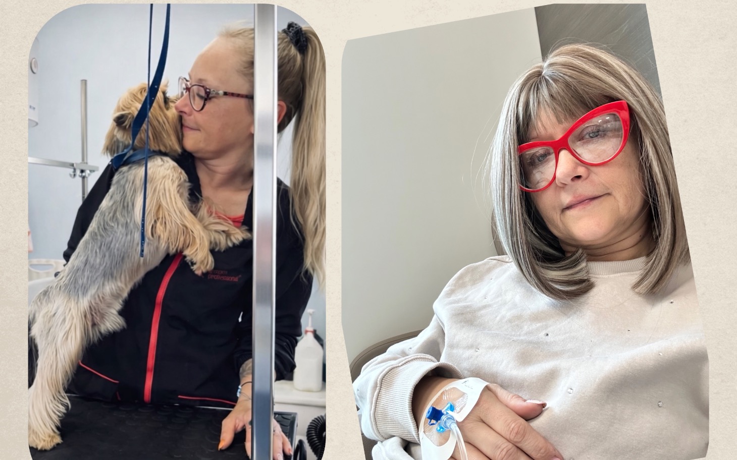 
        Kobieta z psem w salonie, obie uśmiechnięte.
    