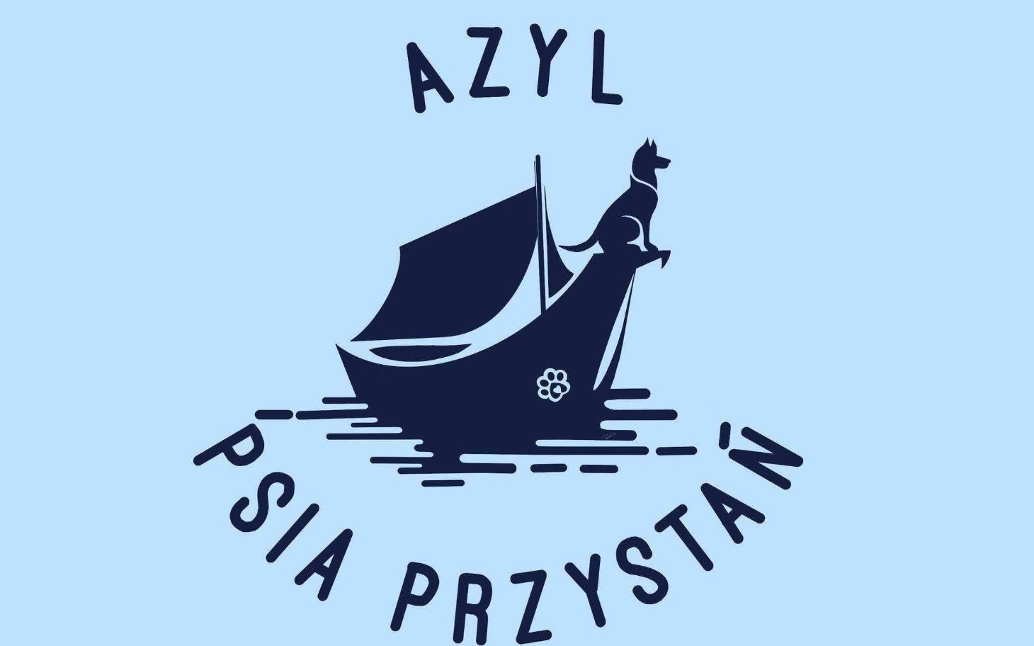 
        Logo schroniska dla psów z wizerunkiem psa na łodzi.
    