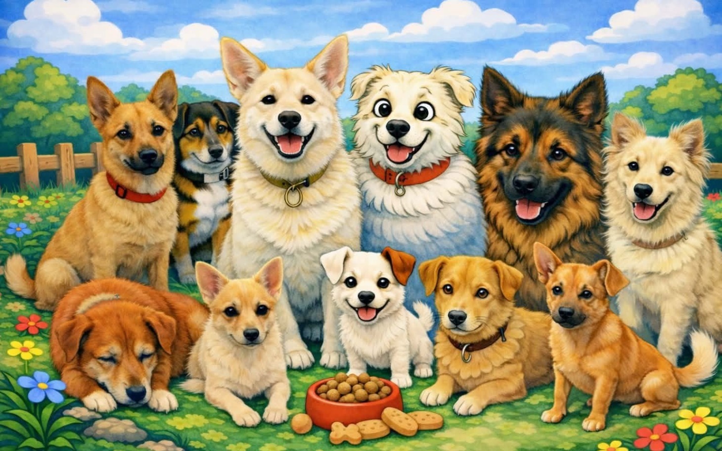 
        Grupa szczęśliwych psów w kolorowej scenerii.
    