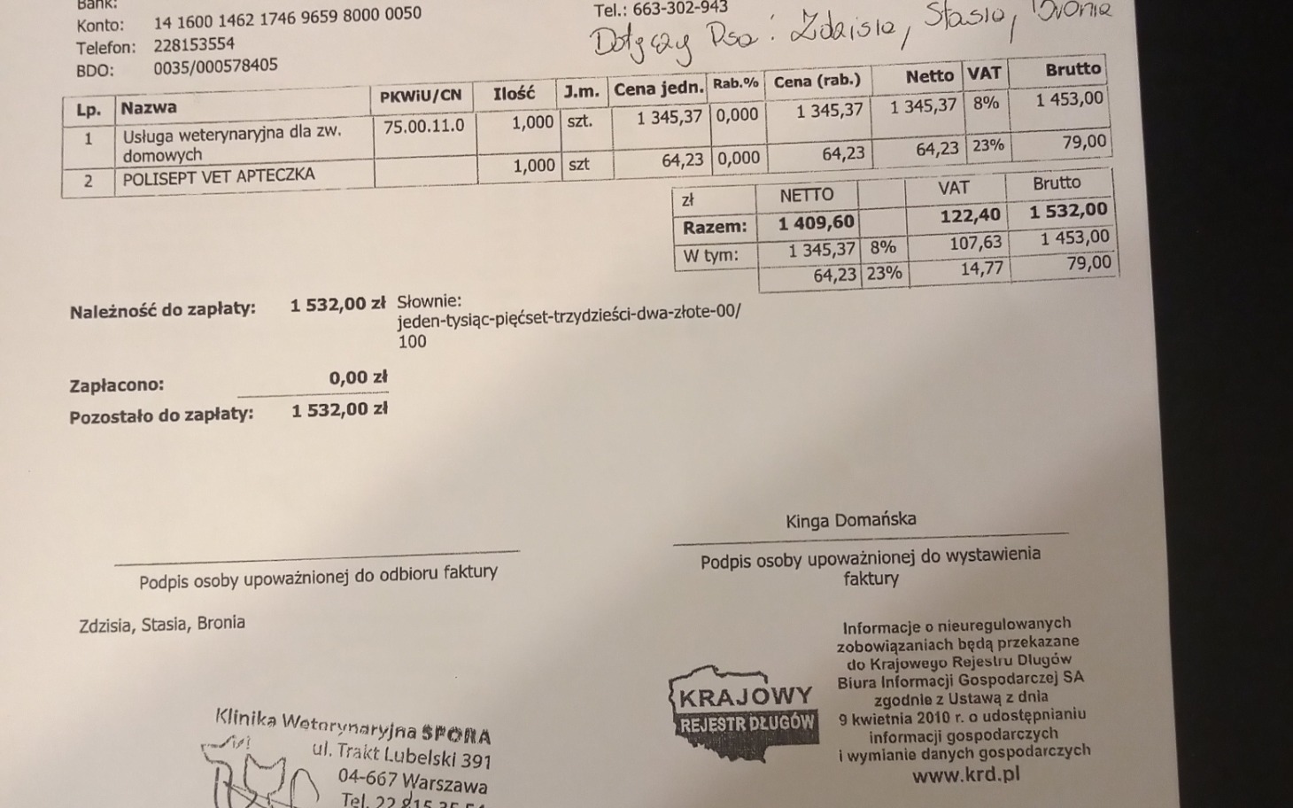 
        Faktura za usługi weterynaryjne.
    