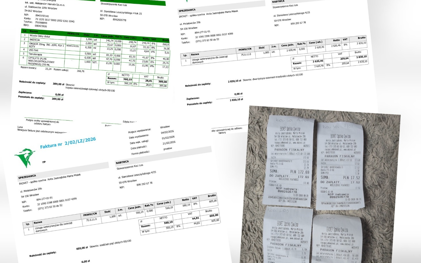 
        Dokumenty i paragony, zestawienie wydatków i zakupów.
    