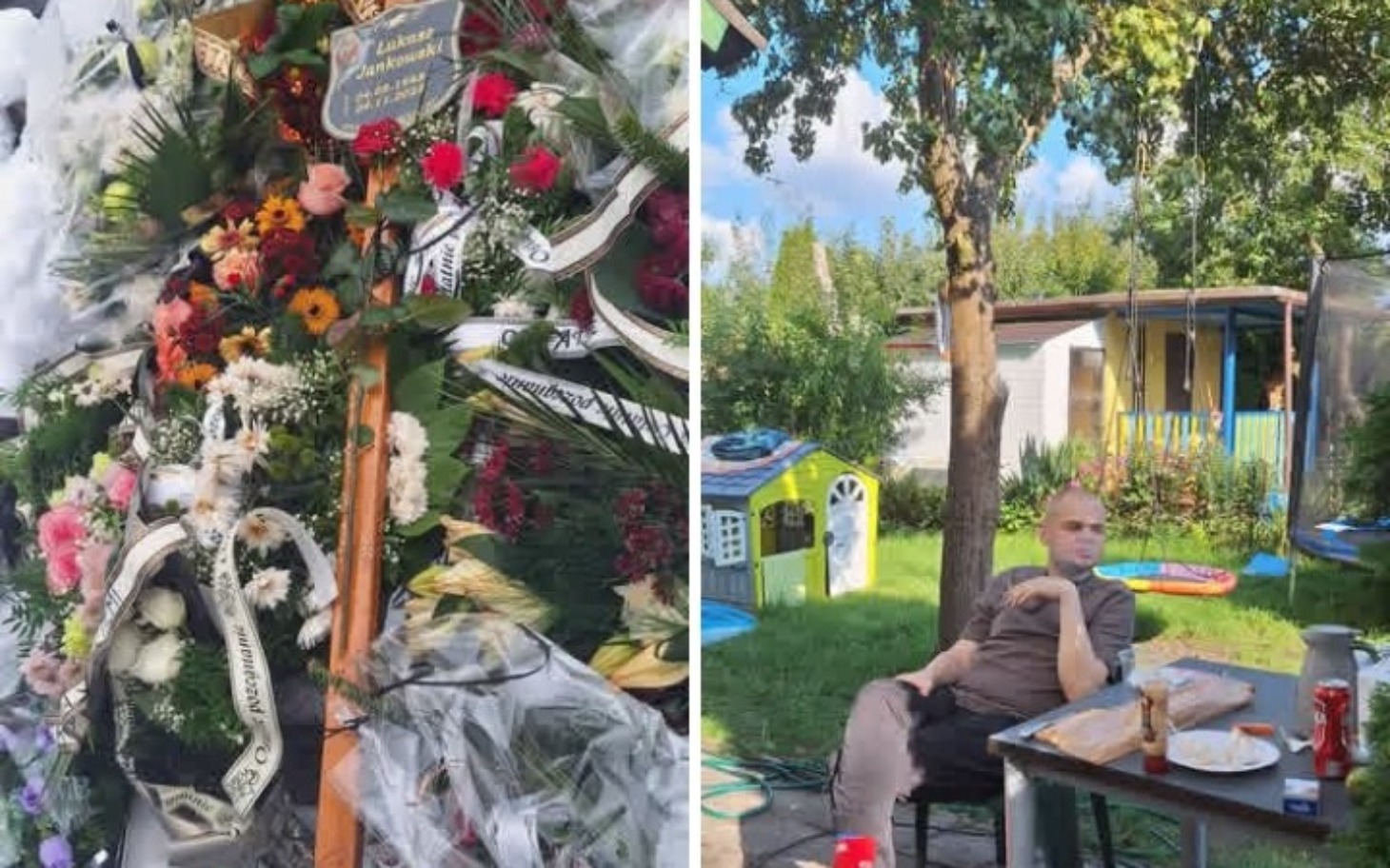 
        Kwiaty na grobie obok osoby siedzącej w ogrodzie.
    