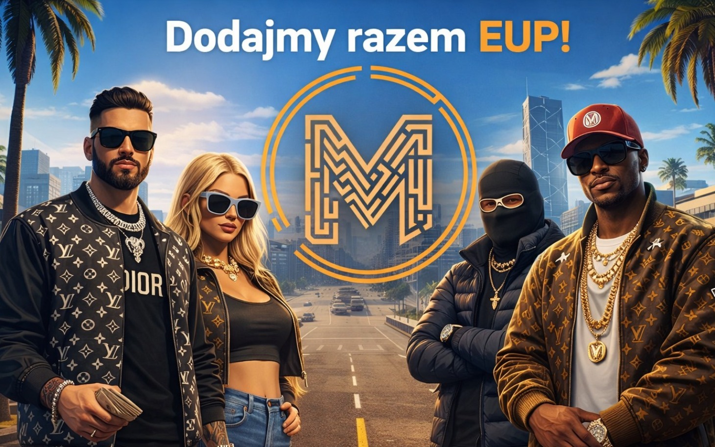 
        Grupa ludzi w modnych ubraniach na tle miasta.
    