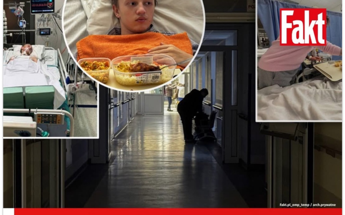 
        Chłopak w szpitalu, jedzenie na talerzu.
    