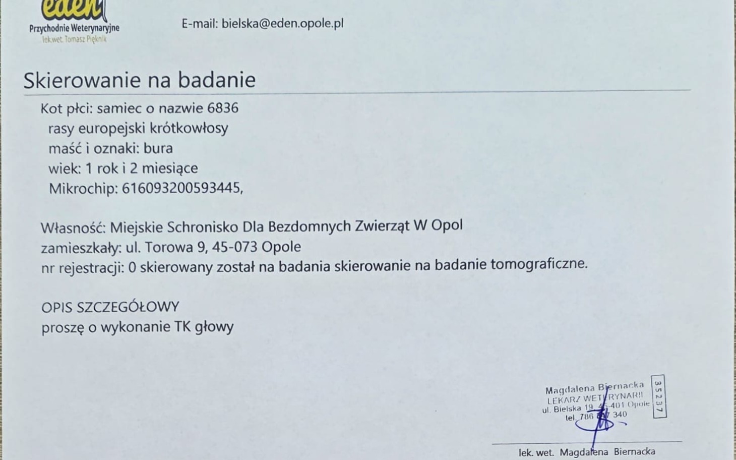 
        Dokument skierowania na badanie weterynaryjne dla zwierzęcia.
    