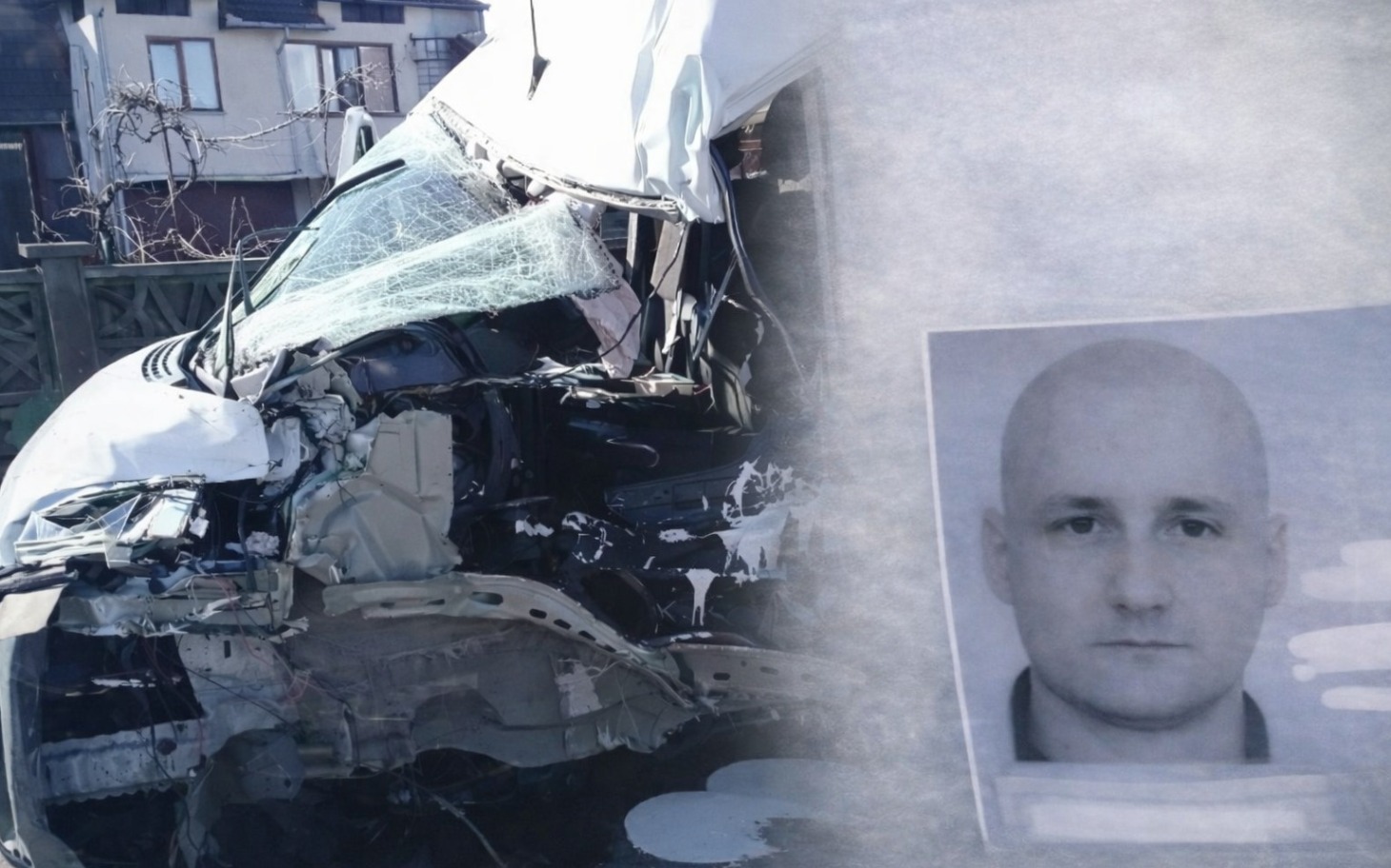 
        Zniszczony samochód dostawczy po wypadku, obok zdjęcie kierowcy.
    