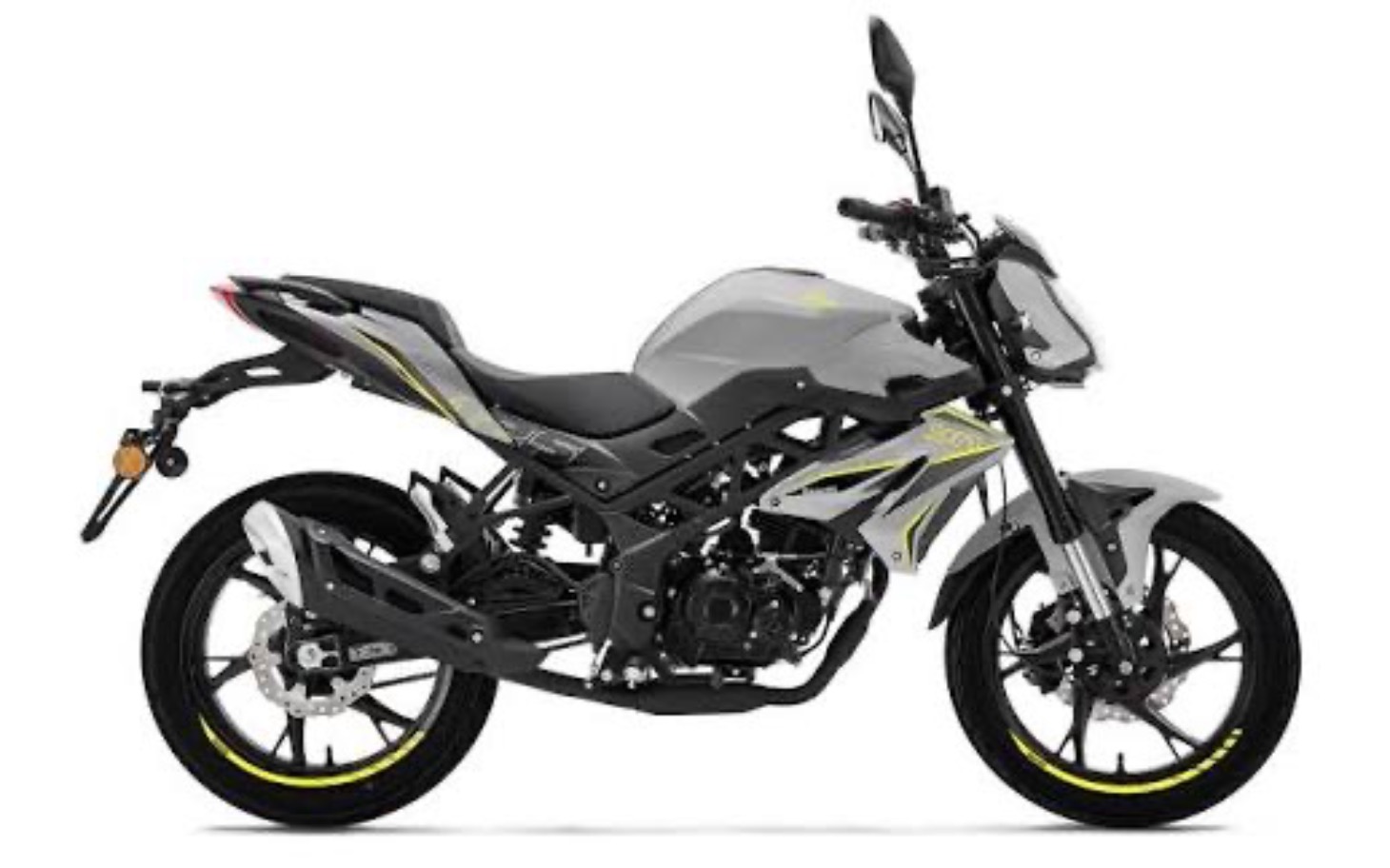 
        Motocykl w odcieniach szarości z żółtymi akcentami.
    