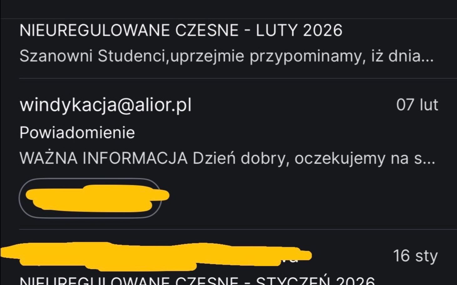 
        Zrzut ekranu z wiadomości e-mail, z informacjami dla studentów.
    