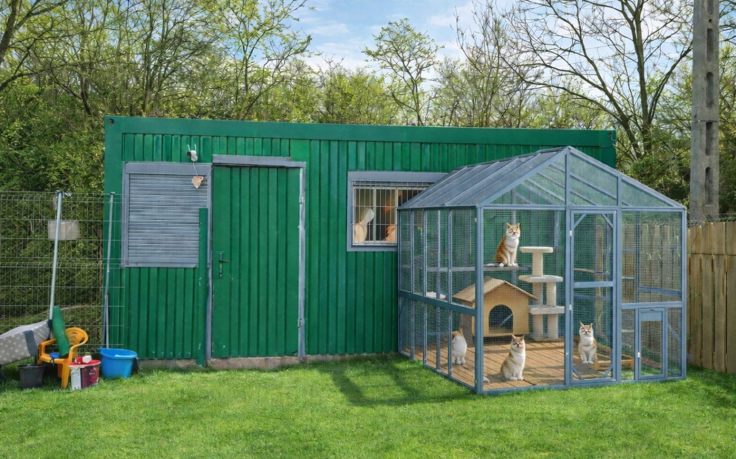 
        Zielony domek z ogrodem i klatką dla kotów.
    
