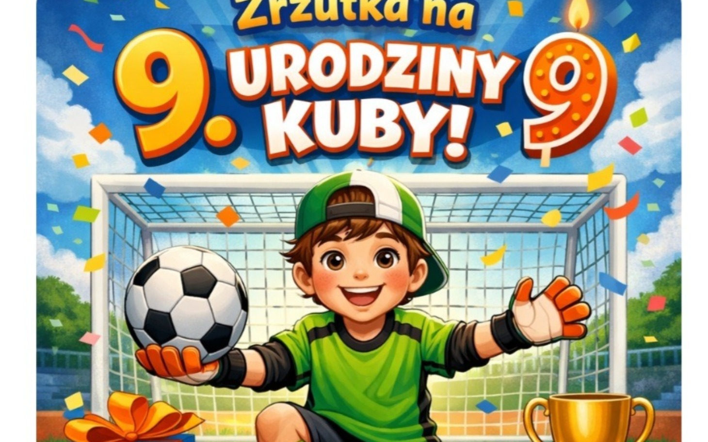 
        Plakat urodzinowy z chłopcem grającym w piłkę.
    