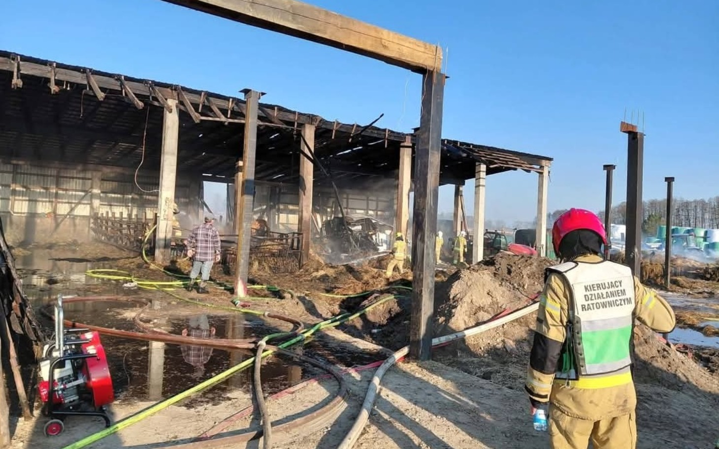 
        Strażak przy zgliszczach po pożarze, oceniający sytuację.
    