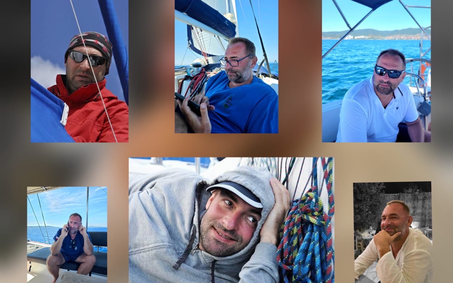 
        Zbliżenie na mężczyznę w różnych sytuacjach na jachcie.
    