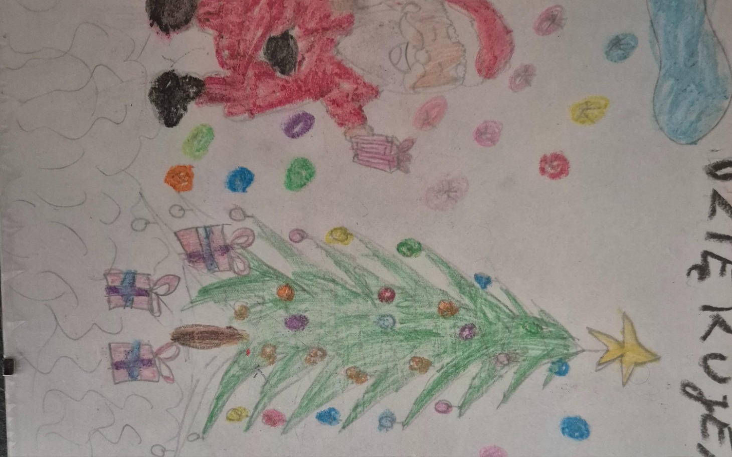 
        Rysunek świąteczny z Mikołajem i choinką.
    