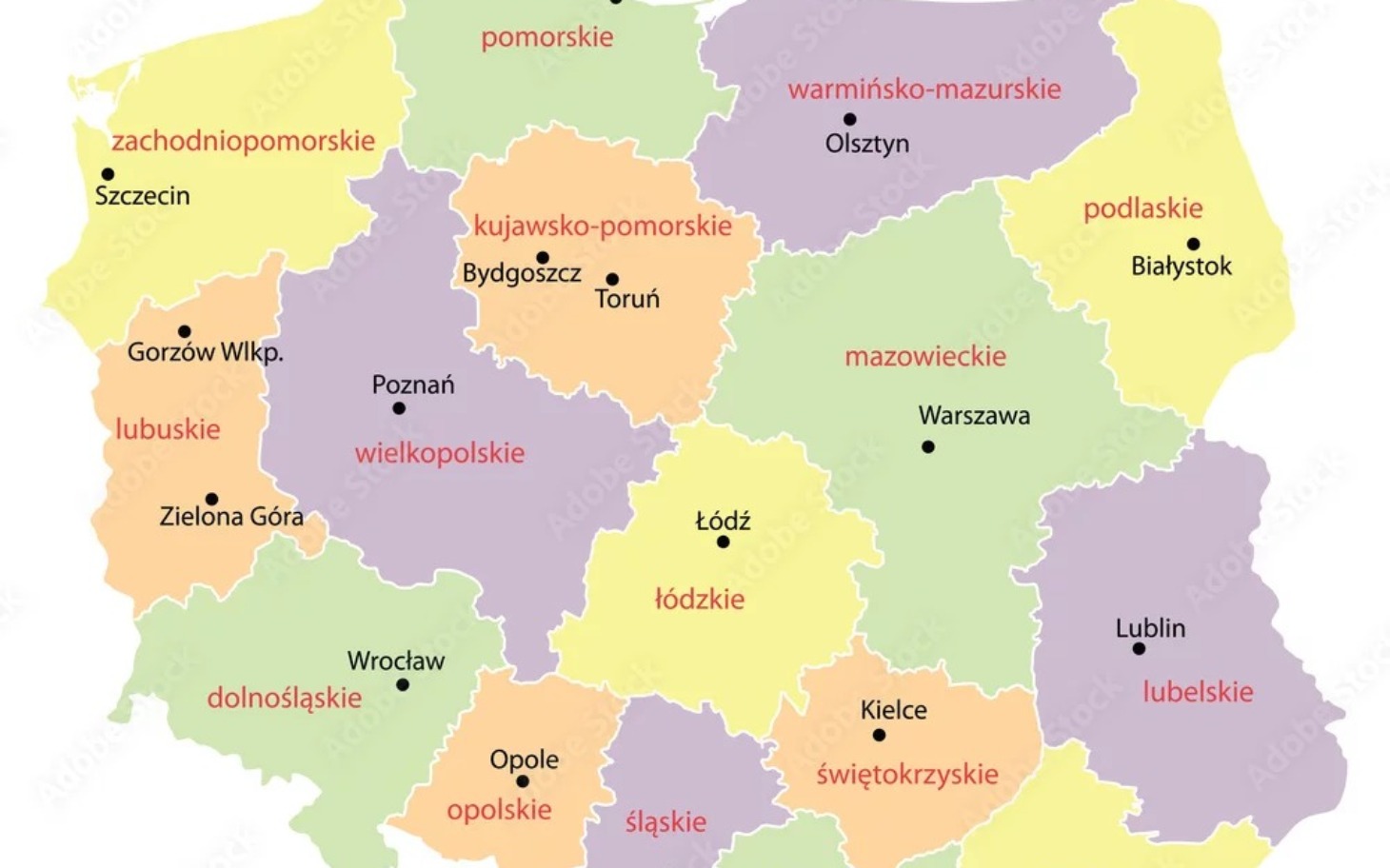 
        Mapa Polski z podziałem na województwa.
    